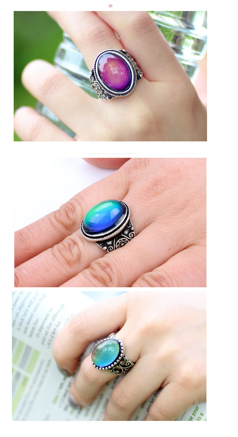 Retro Mood Ring Silver Plating, Handmade Oval Mood Rings Color Changing For / Women / Men / Adults - Birthday Gift, Christmas, Fun Gift