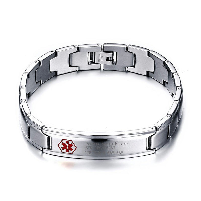 Men's Medical Alert ID Bracelet Bangle Jewelry Stainless Steel Metal 8.5inch Engraved