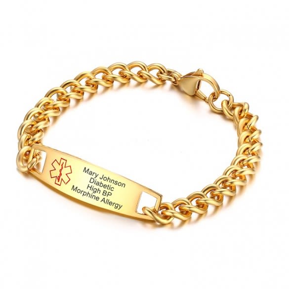 Men Women Gold/Silver Personalized ICE Info Alert Medical ID Bracelet