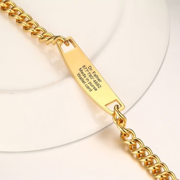 Men Women Gold/Silver Personalized ICE Info Alert Medical ID Bracelet