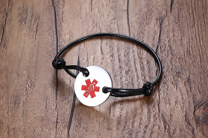 Medical Alert ID Star of Life Bracelet Stainless Steel Coin Adjustable Rope Bangle