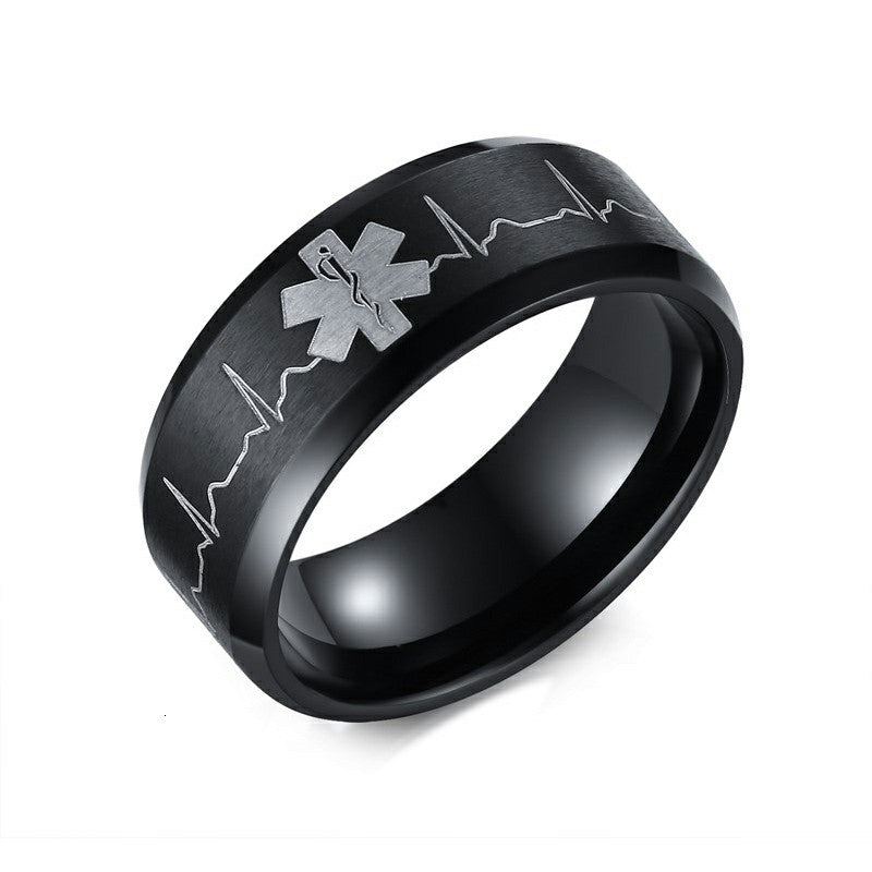 Medical Identification Rings for Men Jewelry Punk Black 8MM Stainless Steel ID Ring