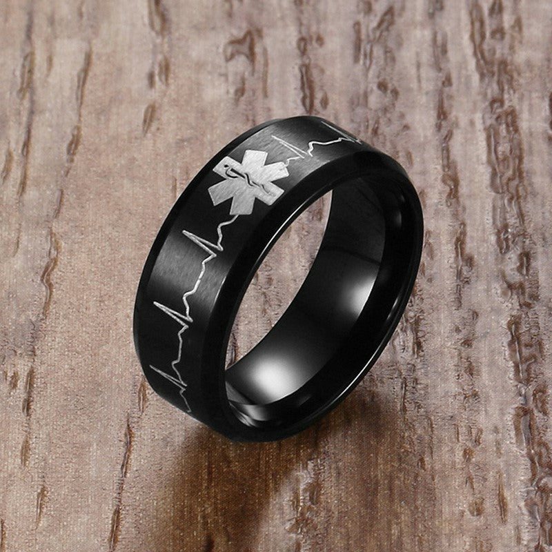 Medical Identification Rings for Men Jewelry Punk Black 8MM Stainless Steel ID Ring