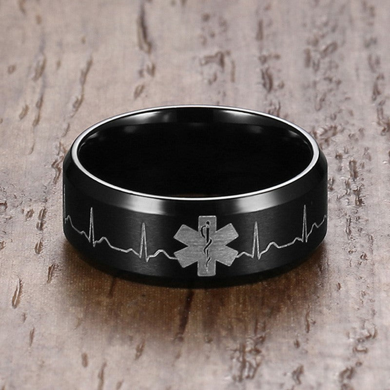 Medical Identification Rings for Men Jewelry Punk Black 8MM Stainless Steel ID Ring