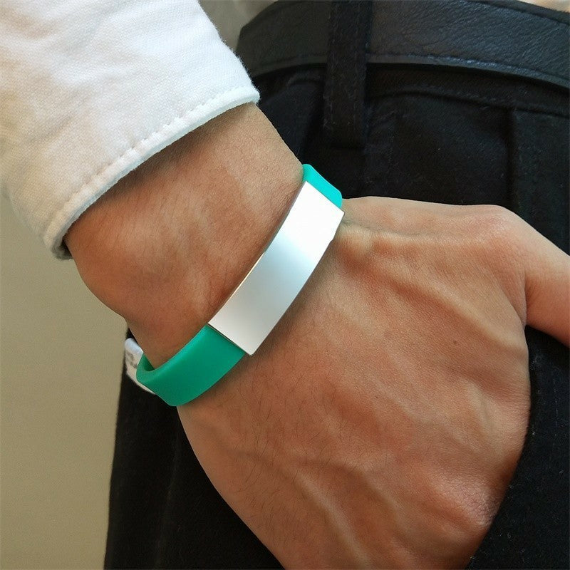 Women Men's Green Silicone Bracelet Personalize ID Tag Wrist Jewelry