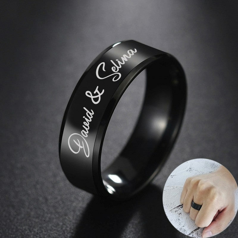 Customize Name Rings for Men Women Glossy Black Band Casual Personalize Gift