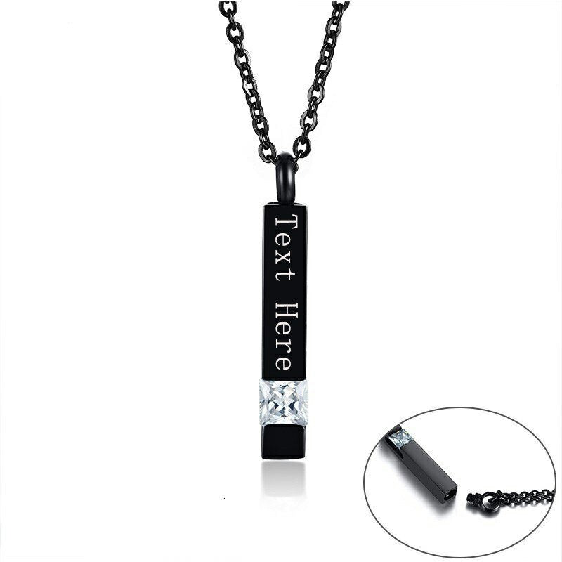 Men Women Custom Name Love Urn Necklace For Ashes Vertical Cube Bar Pendant Black