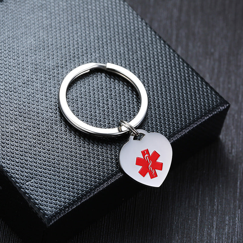 Medical Heart ID Charm Key Chain Anti Allergy Stainless Steel Personalize Emergency Reminder