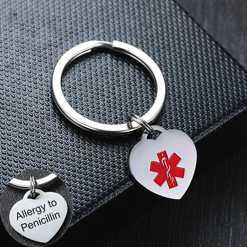 Medical Heart ID Charm Key Chain Anti Allergy Stainless Steel Personalize Emergency Reminder