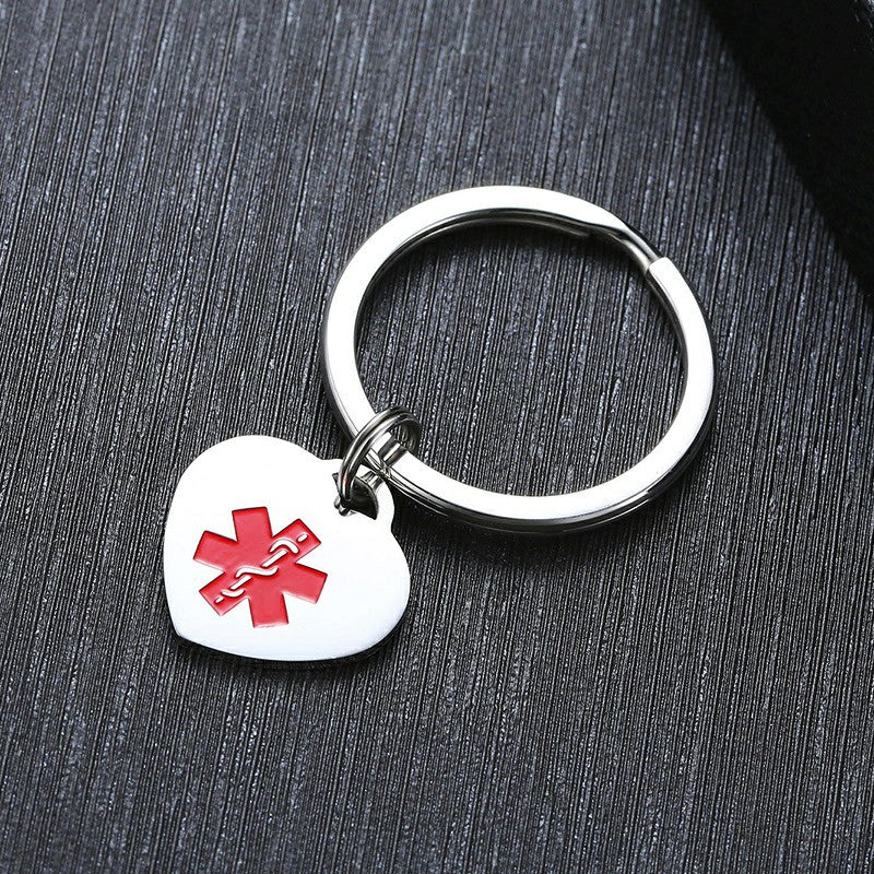 Medical Heart ID Charm Key Chain Anti Allergy Stainless Steel Personalize Emergency Reminder