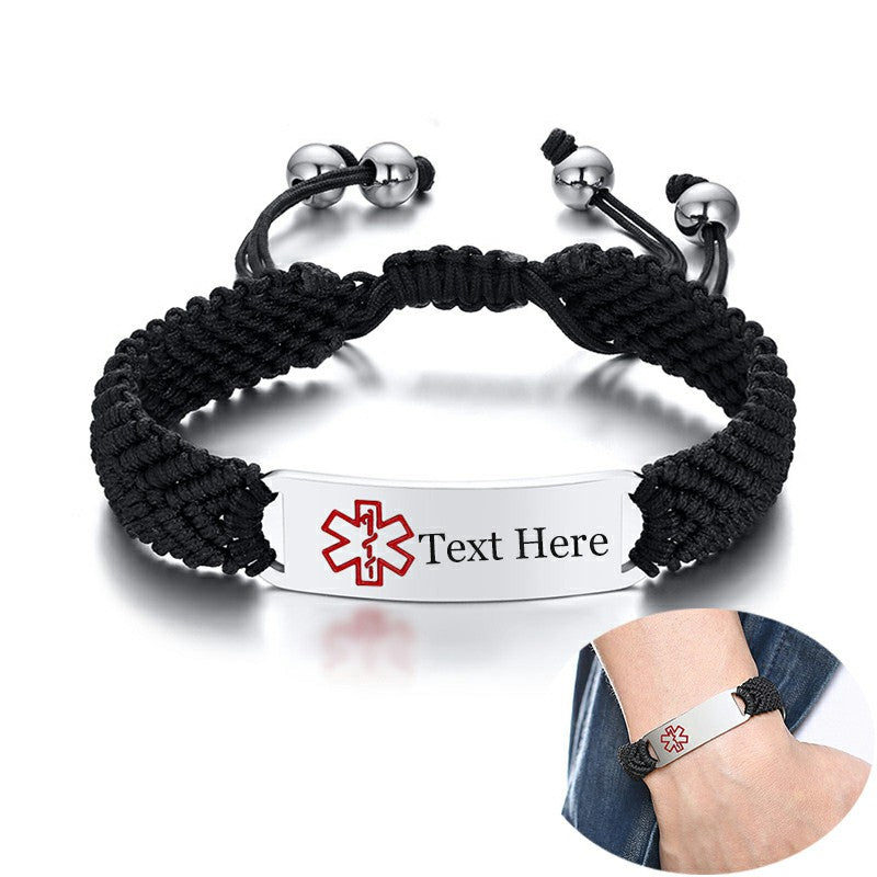 Men's Custom Engrave Medical Alert ID Bracelets with Black Braided Rope Chain