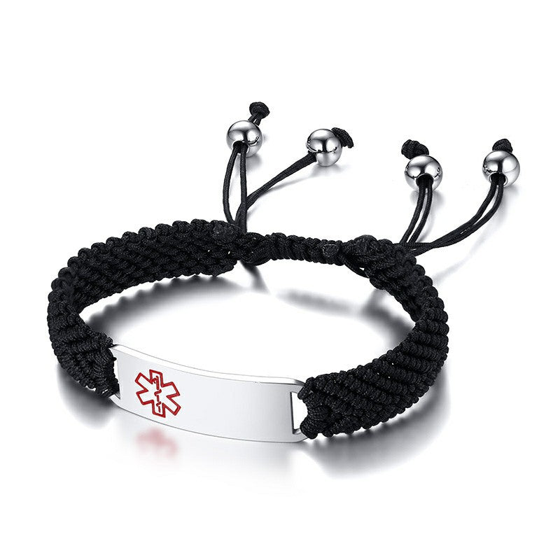 Men's Custom Engrave Medical Alert ID Bracelets with Black Braided Rope Chain