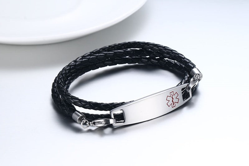 Black Leather Medical Alert ID Bracelets for Men Women Custom SOS Reminder Jewelry