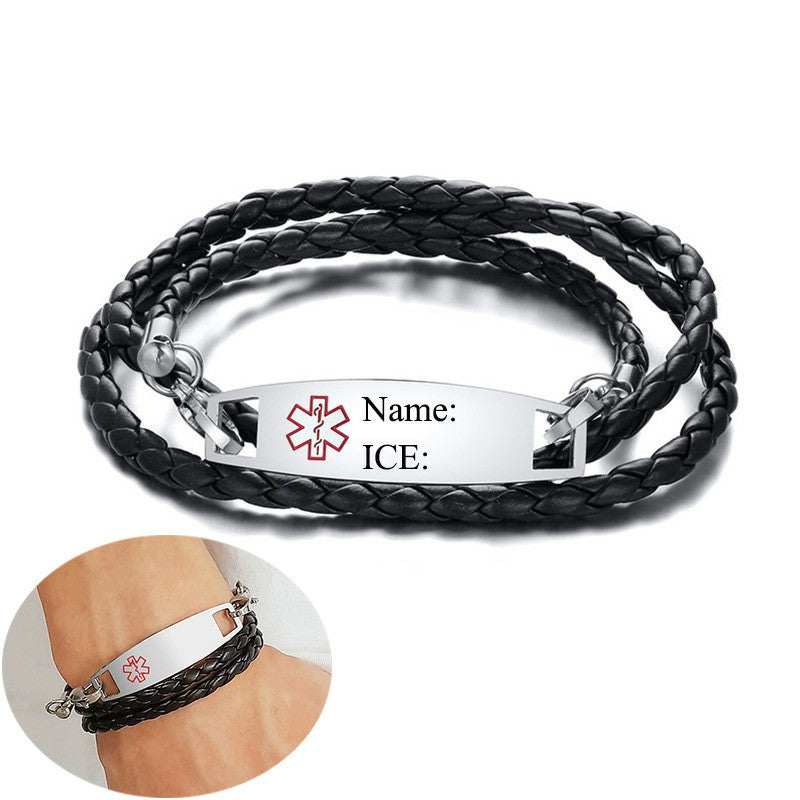 Black Leather Medical Alert ID Bracelets for Men Women Custom SOS Reminder Jewelry