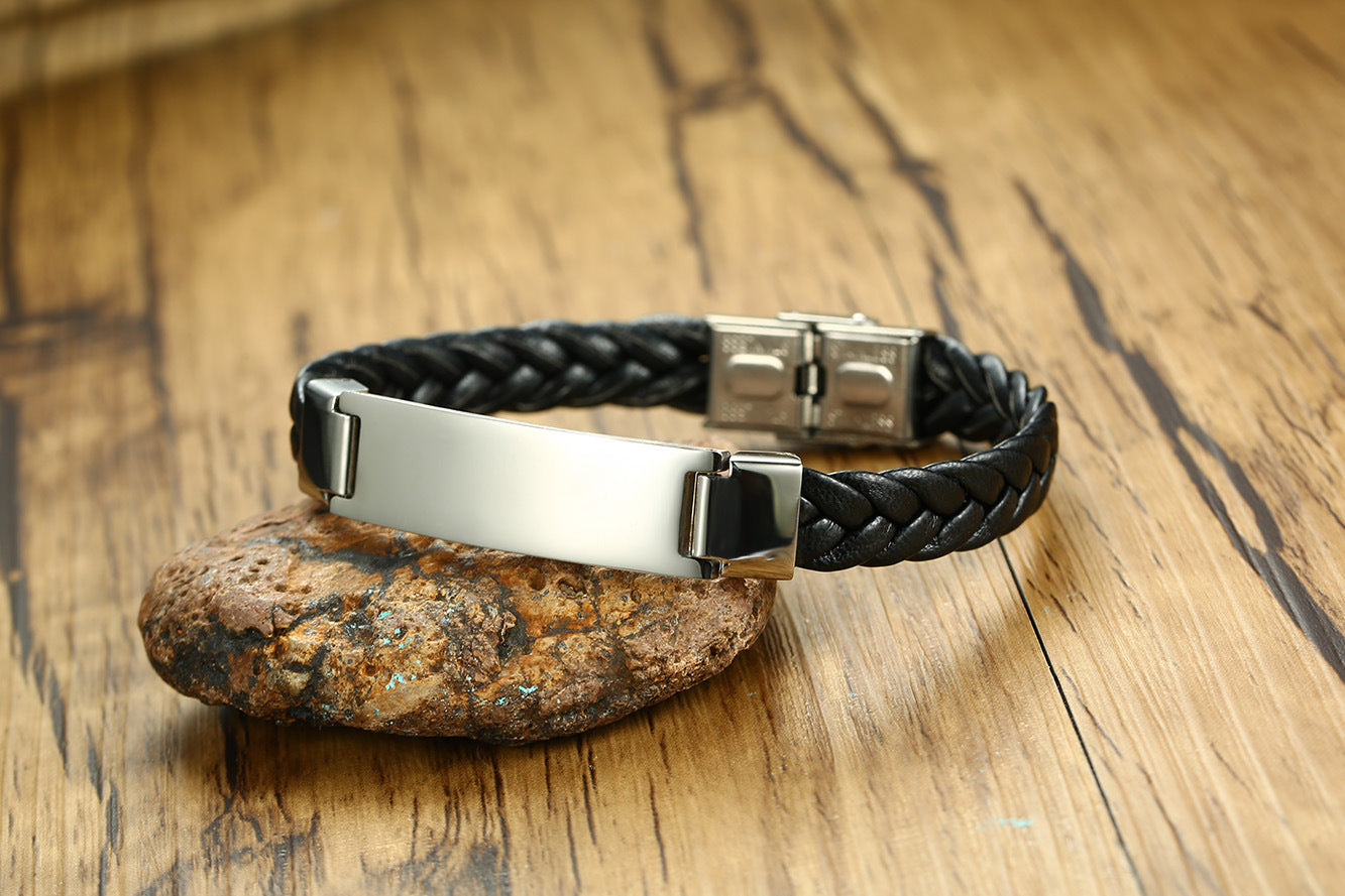 Mens ID Bracelet Personalized Identification Bangle Braided Leather Classic