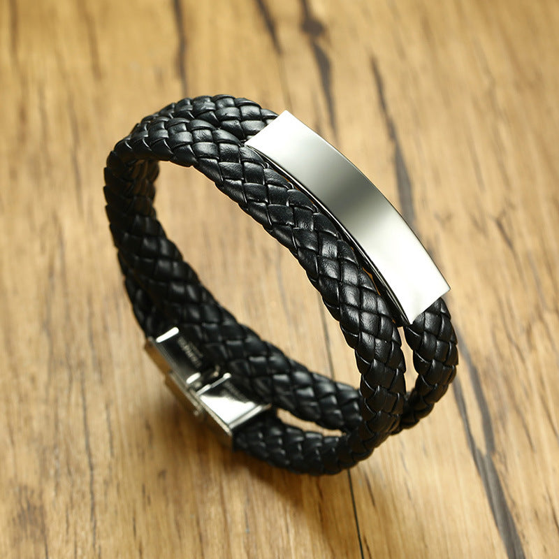 Women Men ID Bracelet Braided Leather Identification Bangle Casual Jewelry