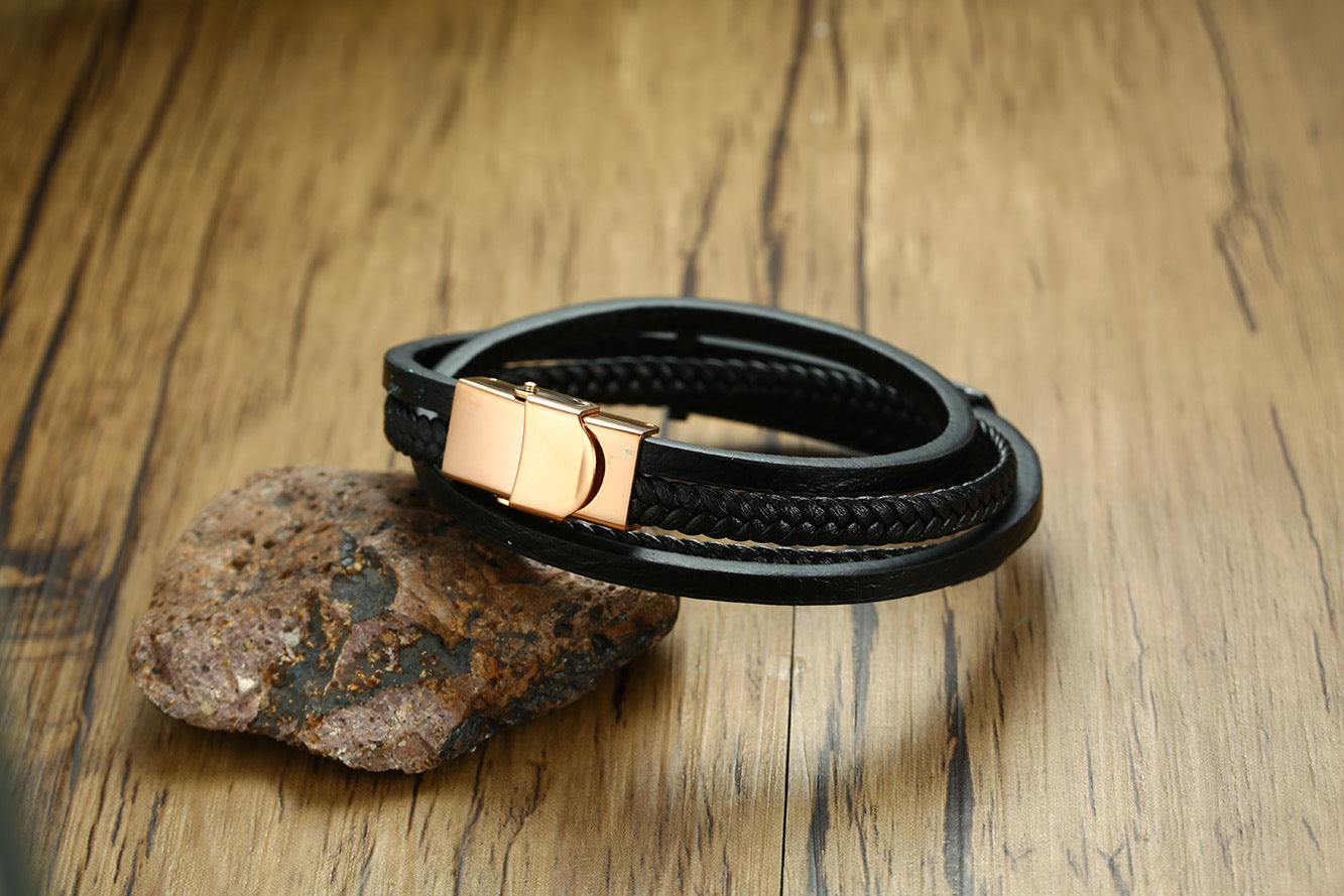 Men's Leather Bracelet Customized ID Multi-Layer Braided Link Chain