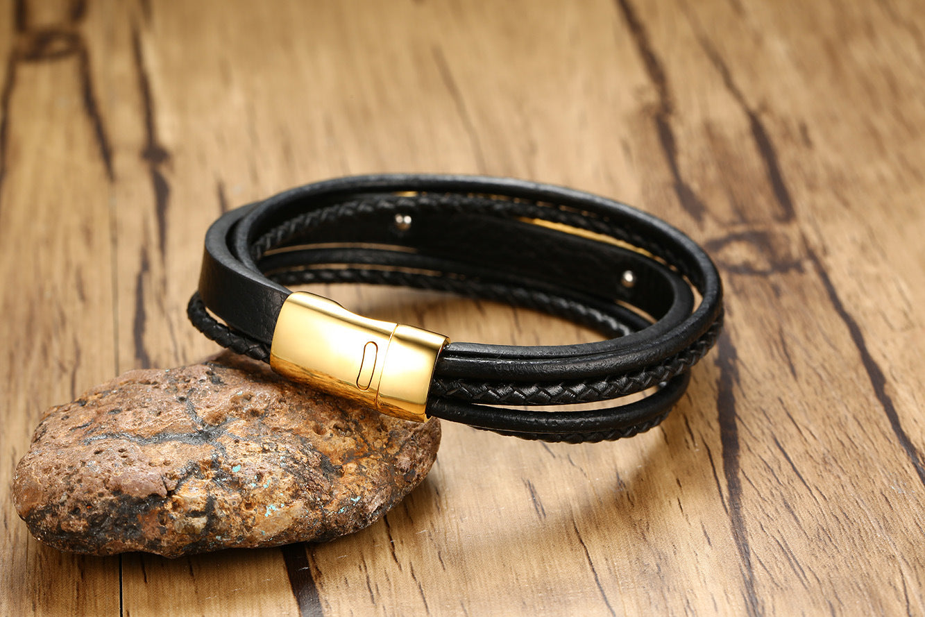 Men Engraving ID Bracelet Stylish Black Braided Leather Bangles