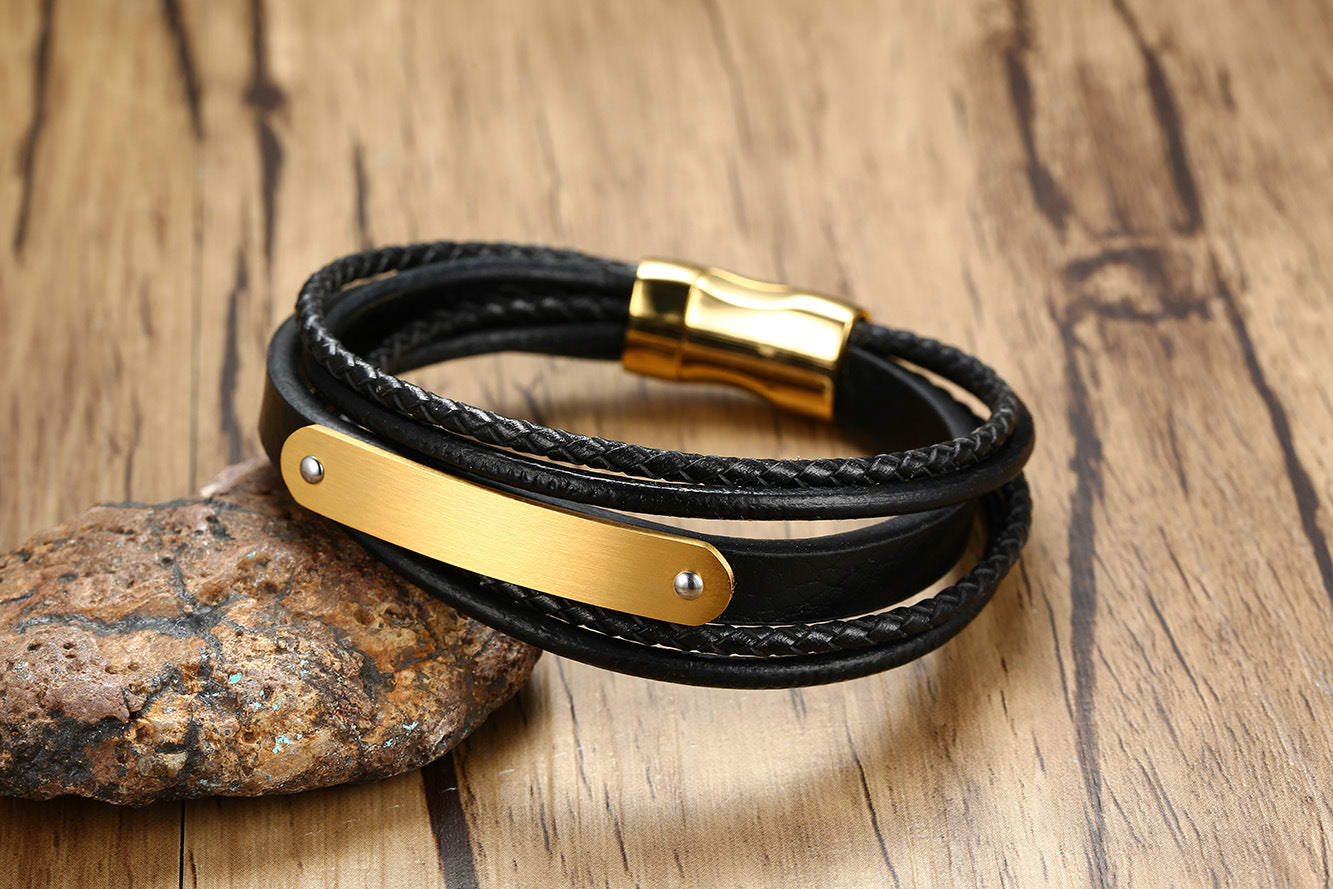 Men Engraving ID Bracelet Stylish Black Braided Leather Bangles