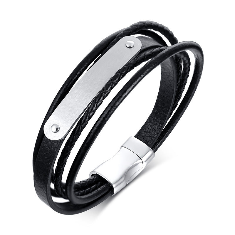 Men Engraving ID Bracelet Stylish Black Braided Leather Bangles