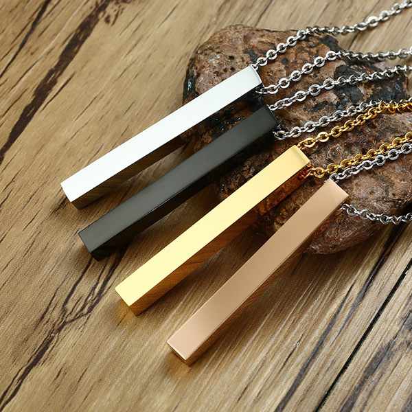 Personalized Name Bar Necklace for Women Men Vertical Cylindrical Glossy Pendant