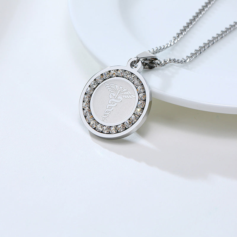 Stainless Steel Personalized Medical Alert ID Necklace CZ Pendant For Women Men