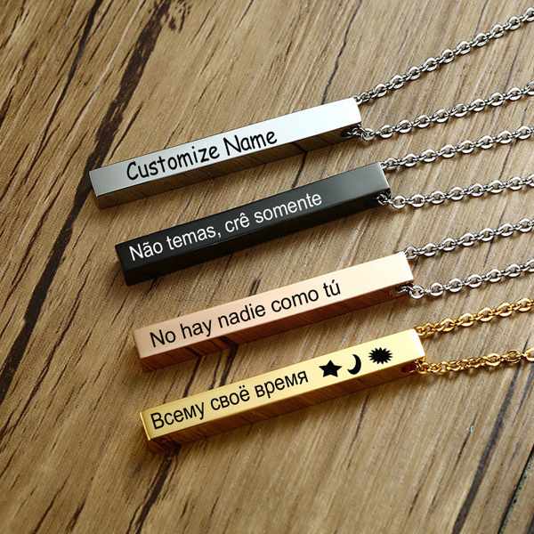 Personalized Name Bar Necklace for Women Men Vertical Cylindrical Glossy Pendant